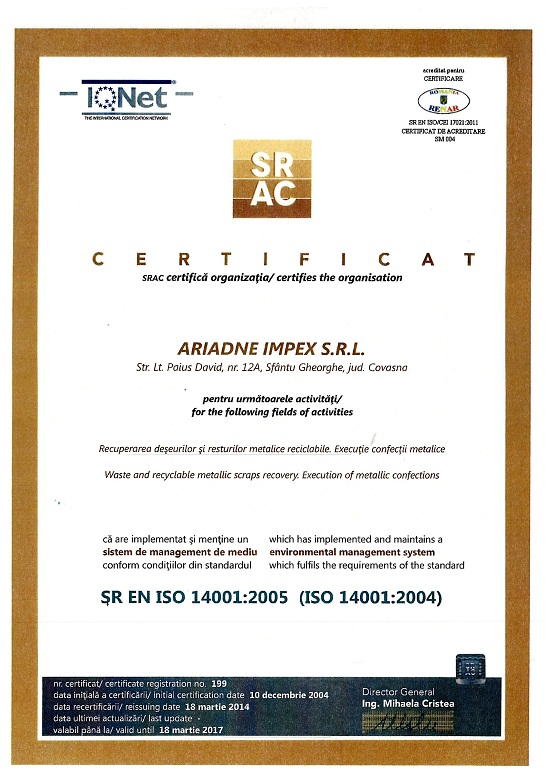 Certificat SRAC ISO 14001 | Ariadne Impex SRL